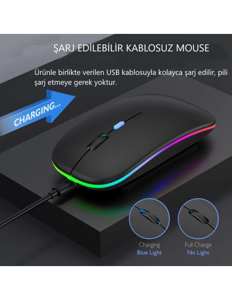 Şarjlı Kablosuz Mouse 800/1200/1600dpi 2.4Ghz Rgb Ledli - SİYAH