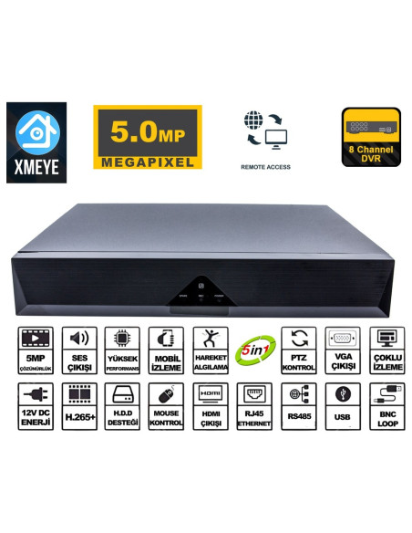 8 Kanal 5 mp 1080P Kamera Kayıt Cihazı Ahd Dvr H265+ Plus 5 in 1 Hibrit Xmeye